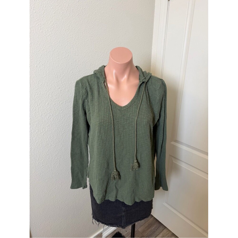 Faded Glory Olive Green Ribbed Hooded Pullover Top Sz M